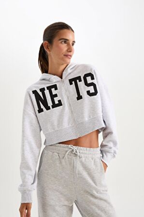 DeFactoFit NBA Brooklyn Nets Crop Kalın Fermuarlı Sweatshirt D2362AX24AUGR379