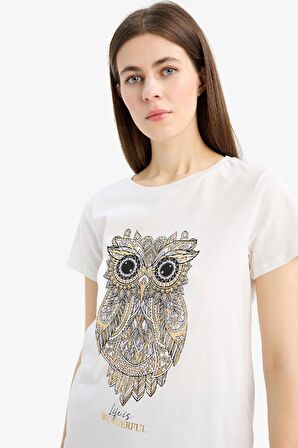 Regular Fit Bisiklet Yaka Baykuş Desenli Penye Kısa Kollu Tişört