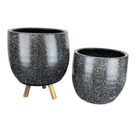 Ev Dekorasyon Aksesuar Siyah Granit Toprak Saksı Saksılık Salon Çiçeklik İkili Set Ayaksız - 3 Ayaklı- 19 CM