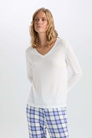 DeFacto Fall in Love Pijama Takım V Yaka Uzun Kollu Basic Düz Üst Kareli Beli Lastikli Alt C5438AX24AUBE553
