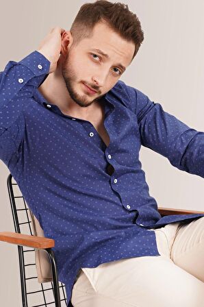Erkek Lacivert Nokta Baskılı Slimfit Gömlek