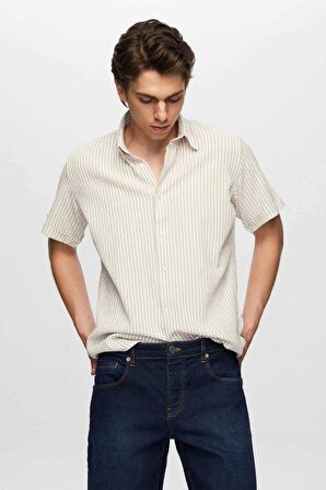 Slim Fit Bej Gofre Çizgili Kısa Kollu Yazlık Gömlek 8HC02ORT04265