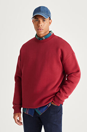 Erkek Bordo Oversize Bol Kesim Içi Polarlı 3 Iplik Bisiklet Yaka Pamuklu Sweatshirt