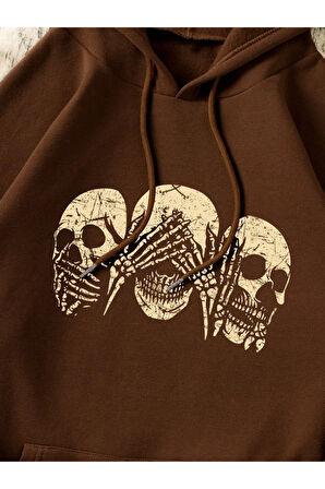 Unisex Kahverengi Kafatası Baskılı Oversize Kapşonlu Sweatshirt
