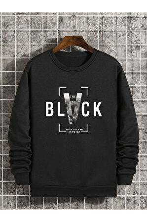 Unisex Black Baskılı Bisiklet Yaka Oversize Sweatshirt