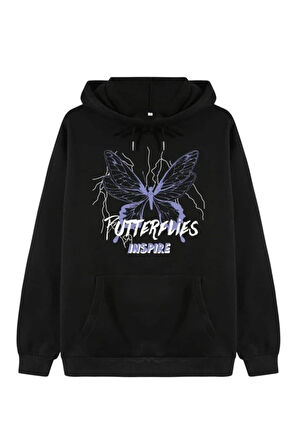 Unisex Siyah Butterfly Baskılı Oversize Kapşonlu Sweatshirt