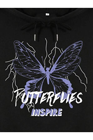 Unisex Siyah Butterfly Baskılı Oversize Kapşonlu Sweatshirt