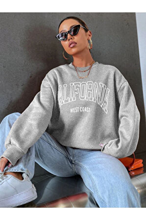 Unisex Siyah California West Baskılı Bisiklet Yaka Oversize Sweatshirt