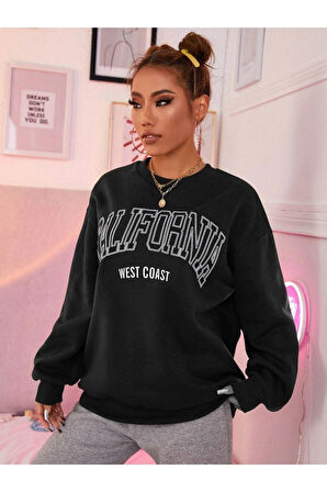 Unisex Siyah California West Baskılı Bisiklet Yaka Oversize Sweatshirt