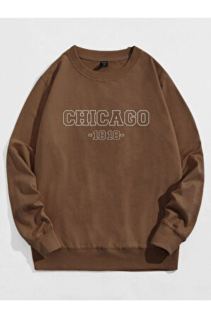 Unisex Kahverengi Chicago Baskılı Bisiklet Yaka Oversize Sweatshirt