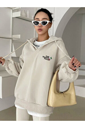 Unisex Happy Baskılı Oversize Kapüşonlu Sweatshirt