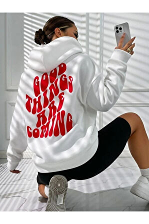 Unisex Good Things Sırt Baskılı Oversize Kapşonlu Sweatshirt