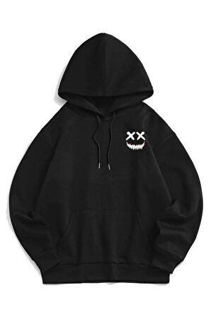 Unisex Gülücük Baskılı Oversize Kapşonlu Sweatshirt