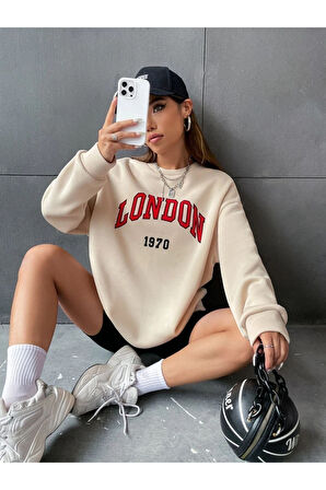 Unisex Bej London Baskılı Bisiklet Yaka Oversize Sweatshirt