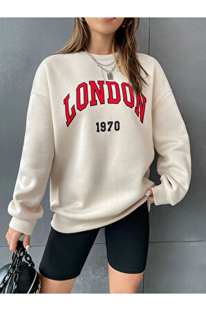 Unisex Bej London Baskılı Bisiklet Yaka Oversize Sweatshirt