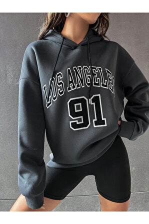 Unisex Los Angeles 91 Baskılı Oversize Kapşonlu Sweatshirt