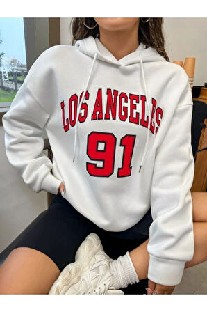 Unisex Los Angeles 91 Baskılı Oversize Kapşonlu Sweatshirt