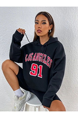 Unisex Los Angeles 91 Baskılı Oversize Kapşonlu Sweatshirt