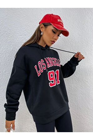 Unisex Los Angeles 91 Baskılı Oversize Kapşonlu Sweatshirt