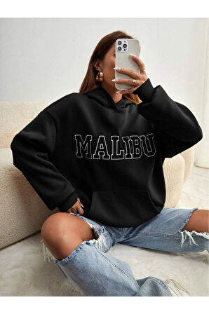 Unisex Siyah Malibu Baskılı Kapşonlu Oversize Sweatshirt