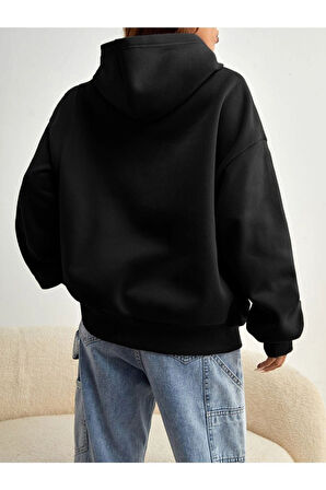 Unisex Siyah Malibu Baskılı Kapşonlu Oversize Sweatshirt