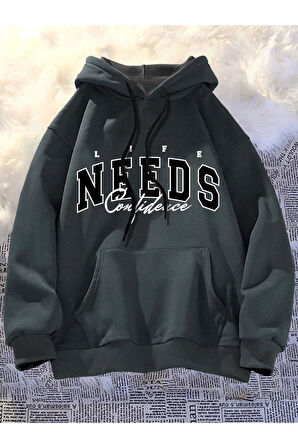 Unisex Siyah Needs Baskılı Kapüşonlu Oversize Sweatshirt