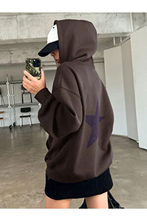 Unisex Yıldız Sırt Baskılı Oversize Kapşonlu Sweatshirt