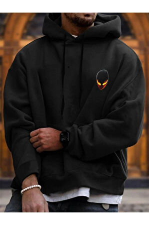 Unisex Yeşil Alien Baskılı Kapşonlu Oversize Sweatshirt