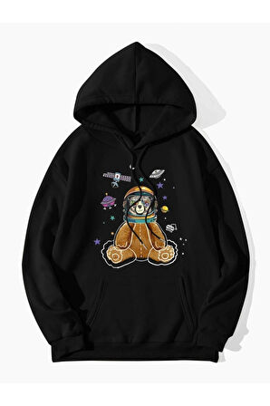 Unisex Siyah Astronot Ayı Baskılı Oversize Kapşonlu Sweatshirt