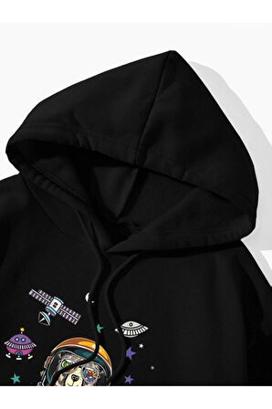 Unisex Siyah Astronot Ayı Baskılı Oversize Kapşonlu Sweatshirt