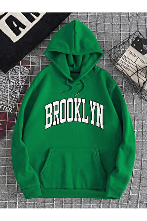 Unisex Yeşil Brooklyn Baskılı Oversize Kapşonlu Sweatshirt