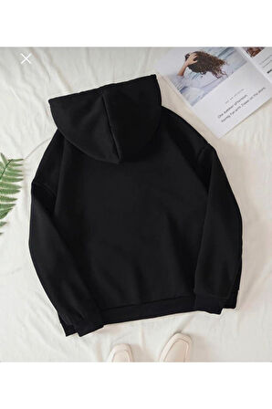 Unisex Siyah Buggs Bunny Baskılı Oversize Kapüşonlu Sweatshirt