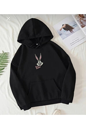 Unisex Siyah Buggs Bunny Baskılı Oversize Kapüşonlu Sweatshirt
