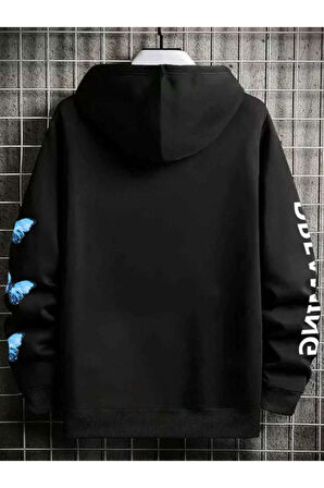 Unisex Siyah Dream Kelebek Baskılı Kapşonlu Oversize Sweatshirt