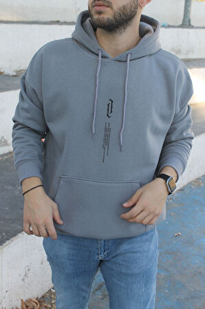 Unisex Göğüs Dikey Baskılı Kapşonlu Oversize Sweatshirt