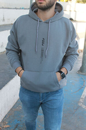 Unisex Göğüs Dikey Baskılı Kapşonlu Oversize Sweatshirt