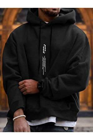 Unisex Göğüs Dikey Baskılı Kapşonlu Oversize Sweatshirt