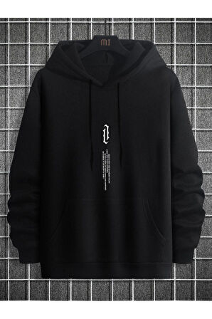 Unisex Göğüs Dikey Baskılı Kapşonlu Oversize Sweatshirt