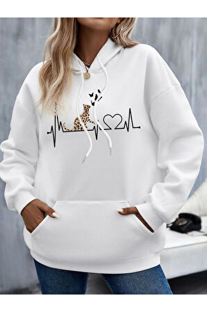 Beyaz Kedi Baskılı Oversize Kapşonlu Sweatshirt