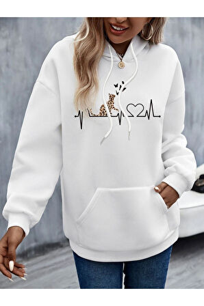 Beyaz Kedi Baskılı Oversize Kapşonlu Sweatshirt