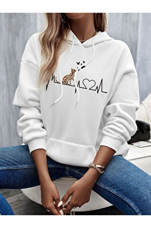 Beyaz Kedi Baskılı Oversize Kapşonlu Sweatshirt