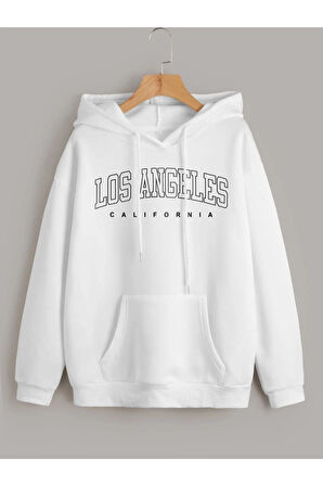 Unisex Los Angeles Baskılı Oversize Kapşonlu Sweatshirt