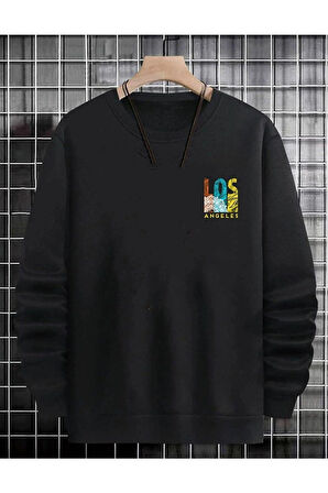 Unisex Siyah Los Angeles Oversize Bisiklet Yaka Sweatshirt