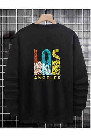 Unisex Siyah Los Angeles Oversize Bisiklet Yaka Sweatshirt
