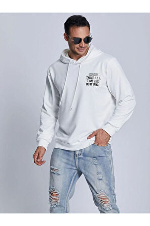 Unisex Beyaz Sırt Baskılı Kapşonlu Oversize Sweatshirt