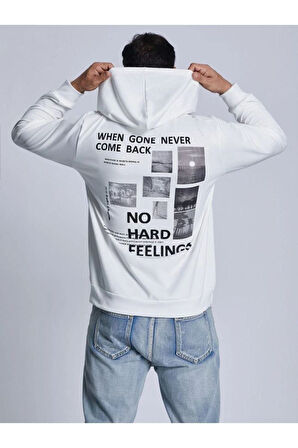 Unisex Beyaz Sırt Baskılı Kapşonlu Oversize Sweatshirt