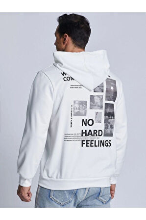 Unisex Beyaz Sırt Baskılı Kapşonlu Oversize Sweatshirt