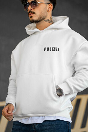 Unisex Polizei Baskılı Oversize Kapüşonlu Sweatshirt