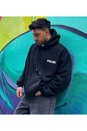 Unisex Polizei Baskılı Oversize Kapüşonlu Sweatshirt