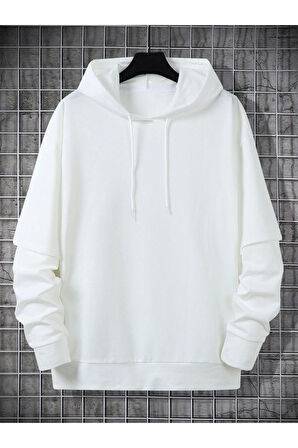 Unisex Beyaz Oversize Kapşonlu Sweatshirt